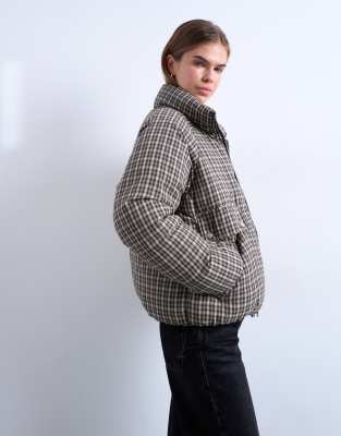 Topshop Micro Plaid Puffer Jacket In Black