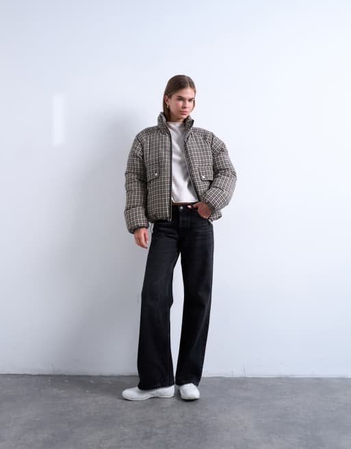Topshop micro plaid puffer jacket in black