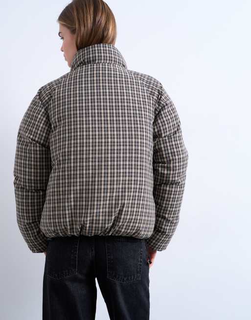 Topshop micro plaid puffer jacket in black