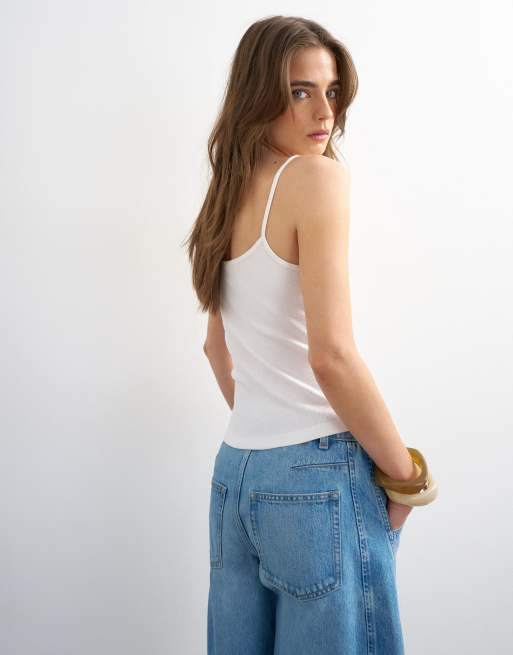 Topshop micro rib knit curved hem strappy tank top in white, 4 of 4