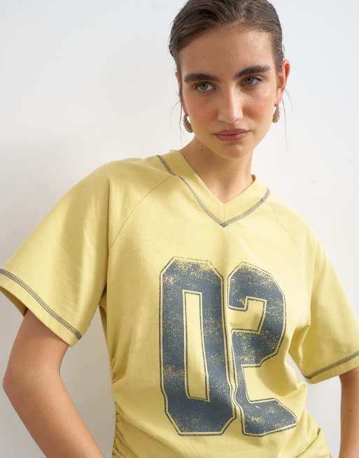 Topshop micro v-neck ruched side graphic tee in yellow, 2 of 4