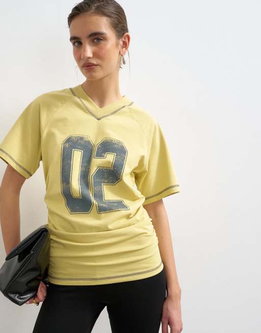 Topshop micro v-neck ruched side graphic tee in yellow, 4 of 4