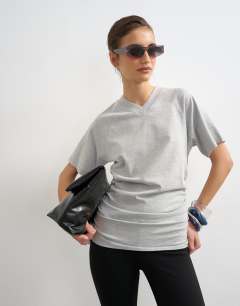 Micro v-neck ruched side tee in grey marl