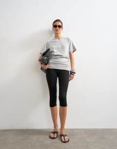 Model wearing Micro v-neck ruched side tee in grey marl