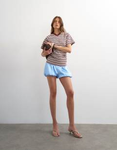 Model wearing Micro v-neck ruched side tee in stripe