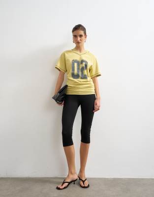Topshop Micro V-neck Ruched Sides Graphic Tee In Yellow