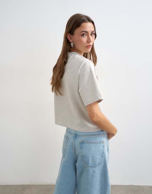 Topshop micro v-neck tee in grey marl, 3 of 4