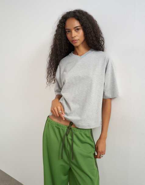 Topshop micro v short sleeve t-shirt in grey marl - view 1