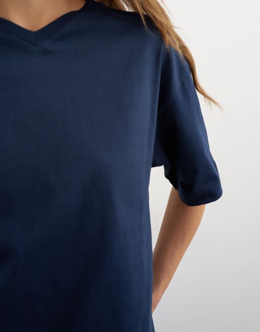 Topshop micro v short sleeve t-shirt in navy, 3 of 4