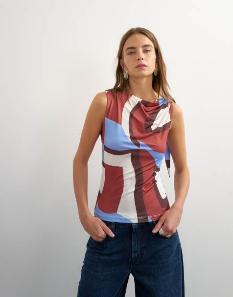 Topshop microfiber abstract knotted shoulder tank top in brown - view 1