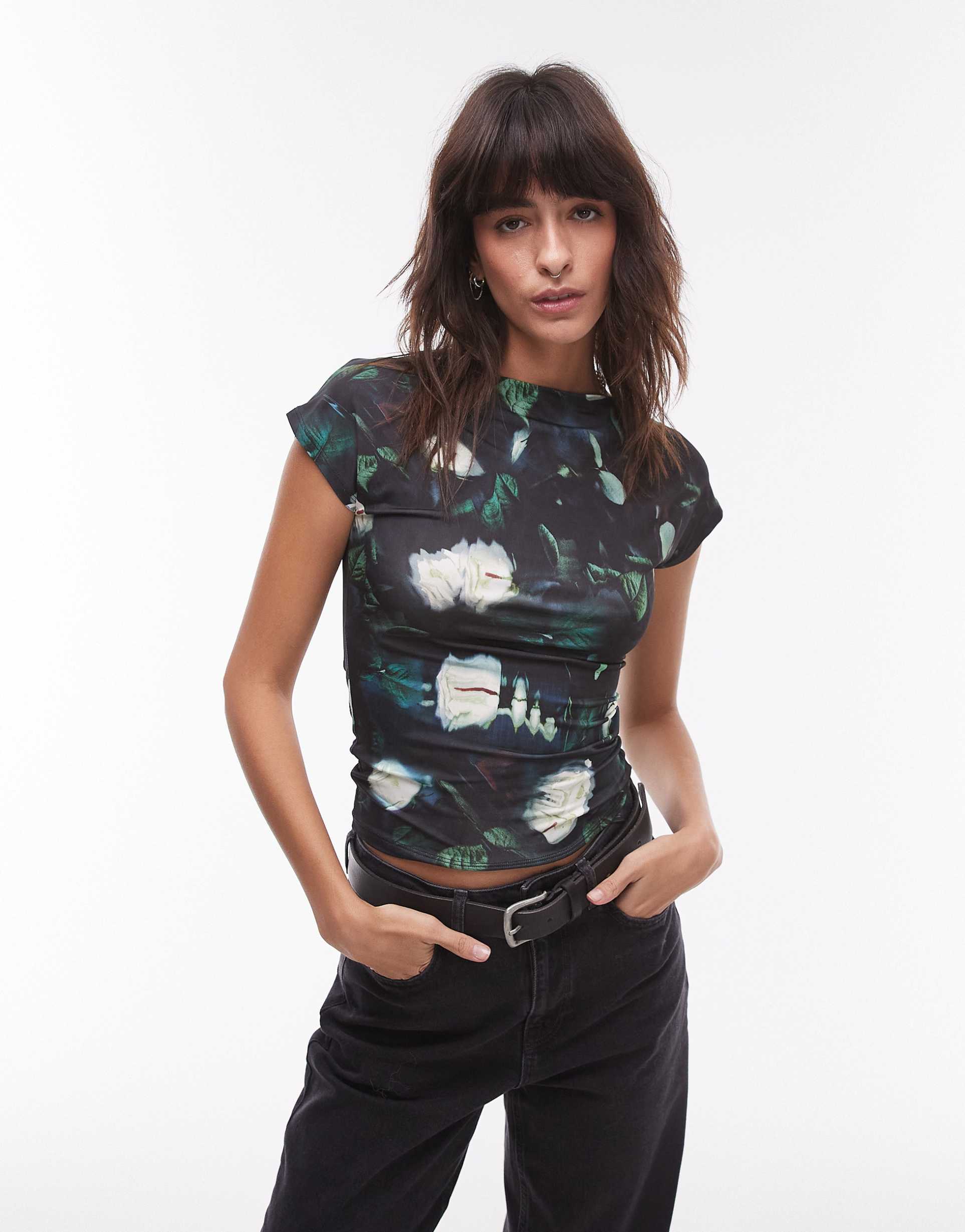 topshop microfiber abstract smudge floral cap sleeve