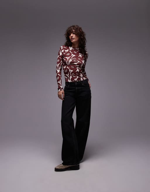 Topshop - Top manches longues en microfibre à imprimé fleuri - Rouge