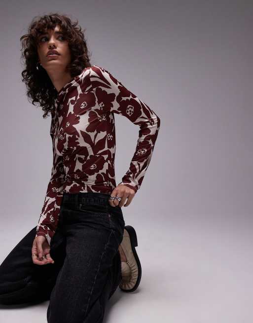 Topshop - Top manches longues en microfibre à imprimé fleuri - Rouge