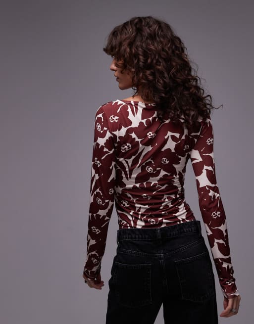 Topshop - Top manches longues en microfibre à imprimé fleuri - Rouge