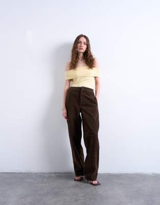 Topshop Microfiber Deep Fold Bardot Top In Yellow