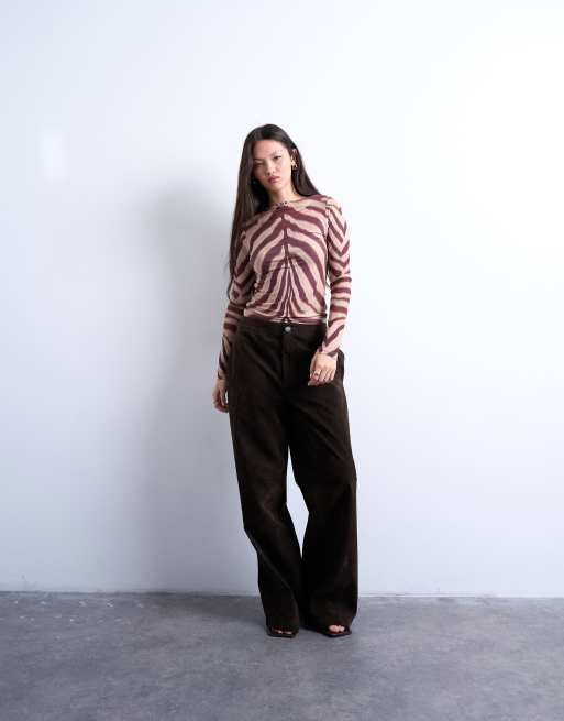 Topshop microfiber long sleeve zebra print top in brown