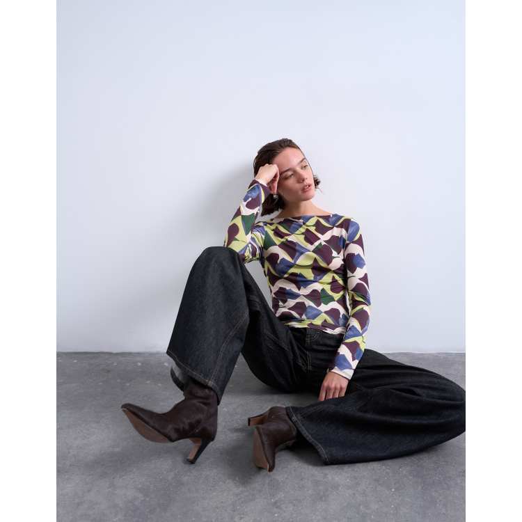 Topshop microfiber painted geo print long sleeve top in multi | ASOS