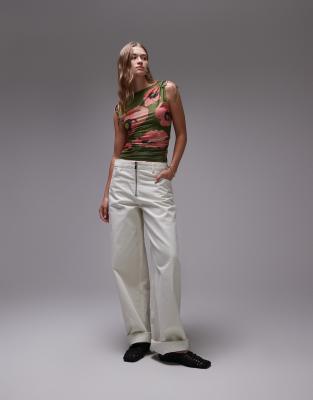Topshop Microfiber Poppy Print Tie Shoulder Tank In Green