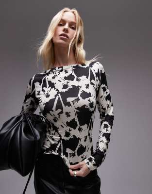 Topshop microfibre abstract all over floral long sleeve top in mono-Black