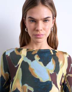 Model wearing Microfibre abstract print top in multi