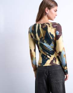Model wearing Microfibre abstract print top in multi