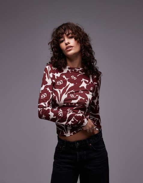 Topshop microfibre all over floral long sleeve top in red - view 1