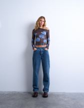 Topshop microfibre floral print ruched long sleeve top in brown