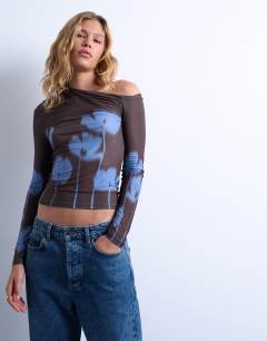 Model wearing Microfibre floral print ruched long sleeve top in brown