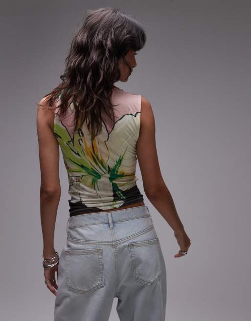 Topshop microfibre floral print ruched tank in multi, 3 of 4