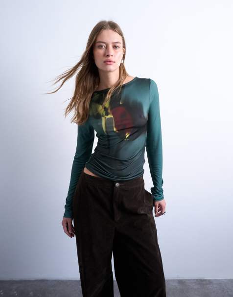 Topshop microfibre high neck tulip print top in green - view 1