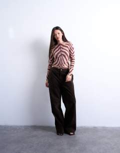 Model wearing Microfibre long sleeve zebra print top in brown