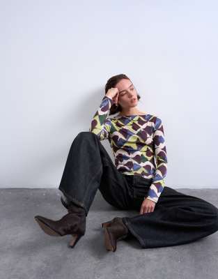 Microfibre painted geo print long sleeve top in multi | Topshop
