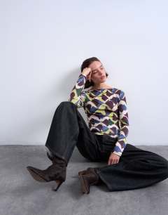 Microfibre painted geo print long sleeve top in multi