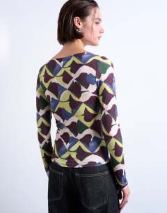 Model wearing Microfibre painted geo print long sleeve top in multi