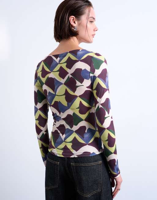 Topshop microfibre painted geo print long sleeve top in multi, 4 of 4