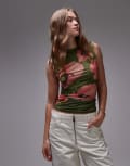 [Topshop] Topshop microfibre poppy print tie shoulder tank top in green M GREEN