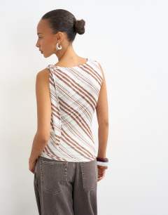 Model wearing Microfibre stripe knot shoulder tank in blue