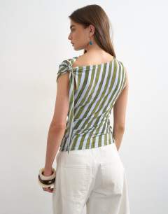 Model wearing Microfibre stripe knot shoulder tank in green