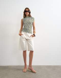 Model wearing Microfibre stripe knot shoulder tank in green