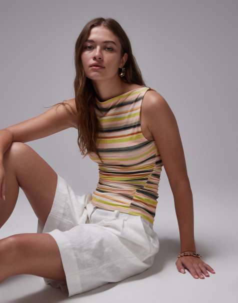 Topshop microfibre stripe ruched side tank in green - view 1