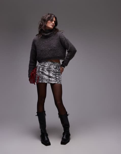 Topshop - Microgonna di jeans con stampa pitonata grigia - view 1