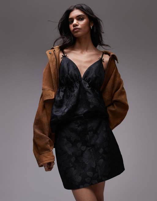 Topshop - Microgonna minimal nera a fiori jacquard