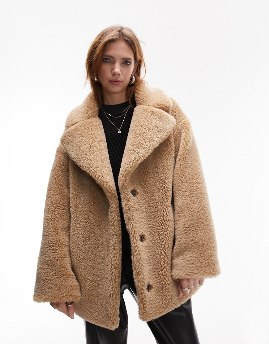 Topshop mid-length borg coat in camel-Neutral