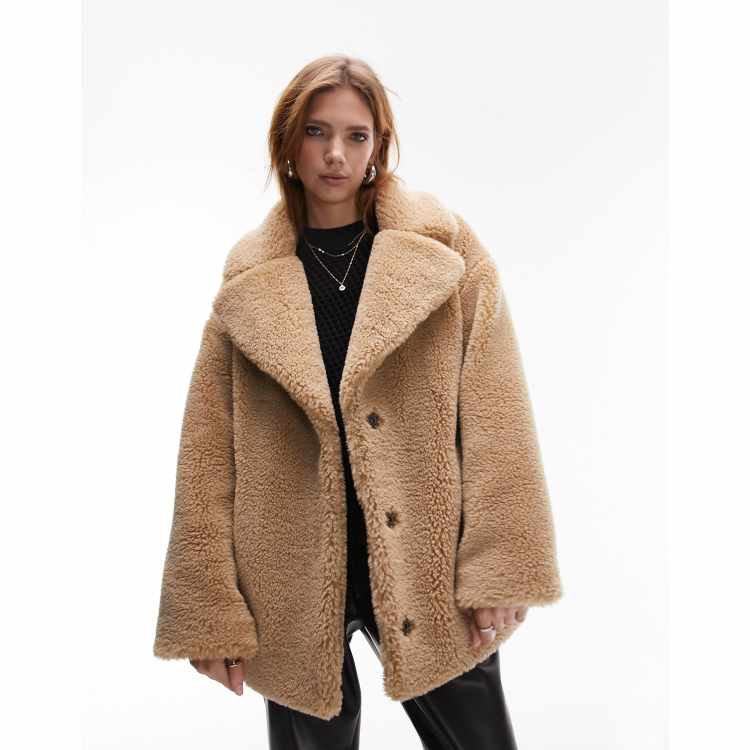 NWT Topshop Camel Brown Soft Teddy Bear Faux Fur Borg Velvet Coat L 12 44