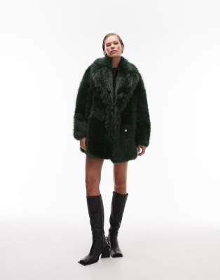 Topshop mid length faux fur coat in forest green