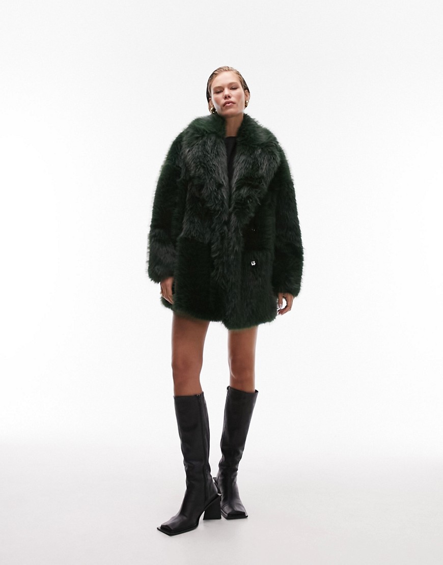 Topshop mid length faux fur coat in forest green