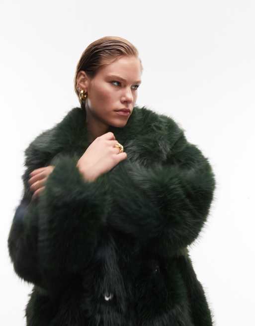 Topshop mid length faux fur coat in forest green