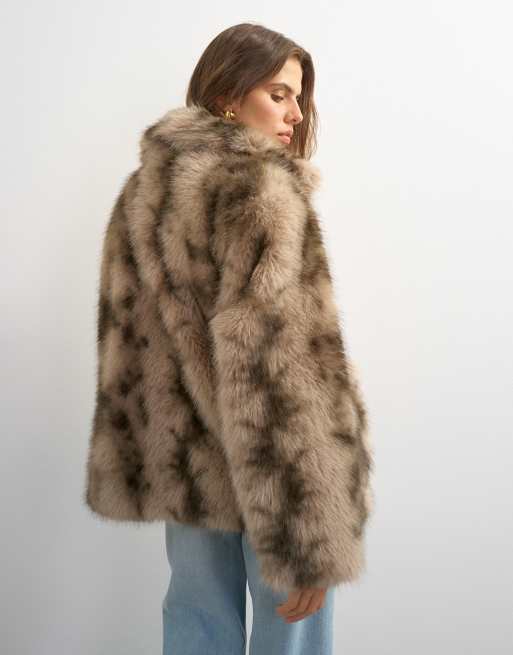 Topshop mid length faux fur jacket in brown speckle, 4 of 4