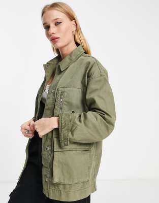 Topshop mid length four pocket utility shacket in khaki-Green