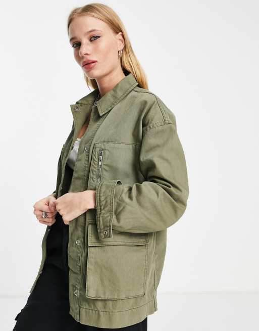 Topshop mid length four pocket utility shacket in khaki | ASOS